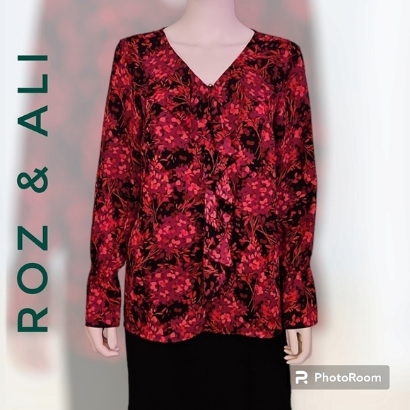 ROZ & ALI Fairycore Floral Chiffon Jabot Long Sleeve Blouse - Picture 1 of 8